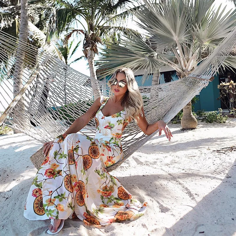 Пол Длина Цветочный принт платье летние пляжные Для женщин Сарафан длинный