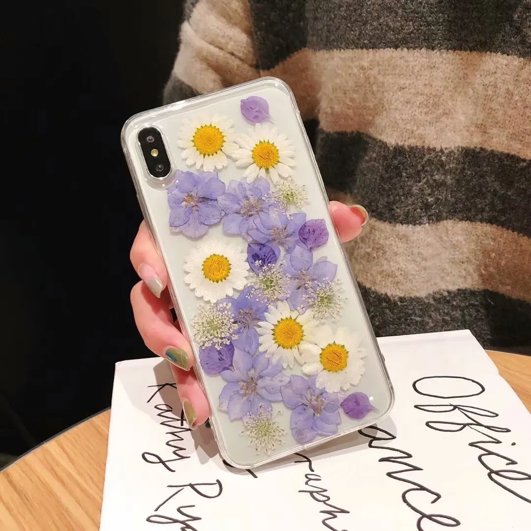 Настоящие засушенные спрессованные Цветы Чехол для iPhone XR X XS Max 6 6S Plus 7 8 цветочный силиконовый чехол для samsung S10 S10 Plus S9 S8 с пленкой