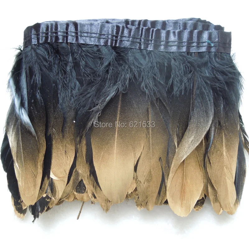 

Dipped Gold Dyed Black Real Goose Feather Fringe Trims Height 5-6" Feathers Ribbon For Skirt Carnival Clothing Decoration,2Yard