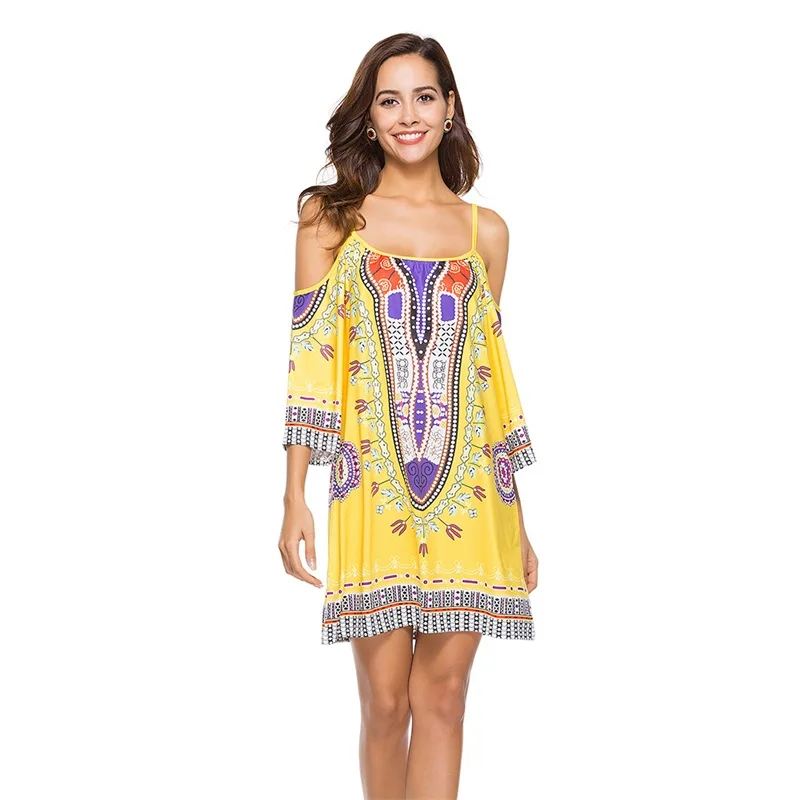 Летнее платье с принтом женское пляжное открытыми плечами boho мини-сарафан
