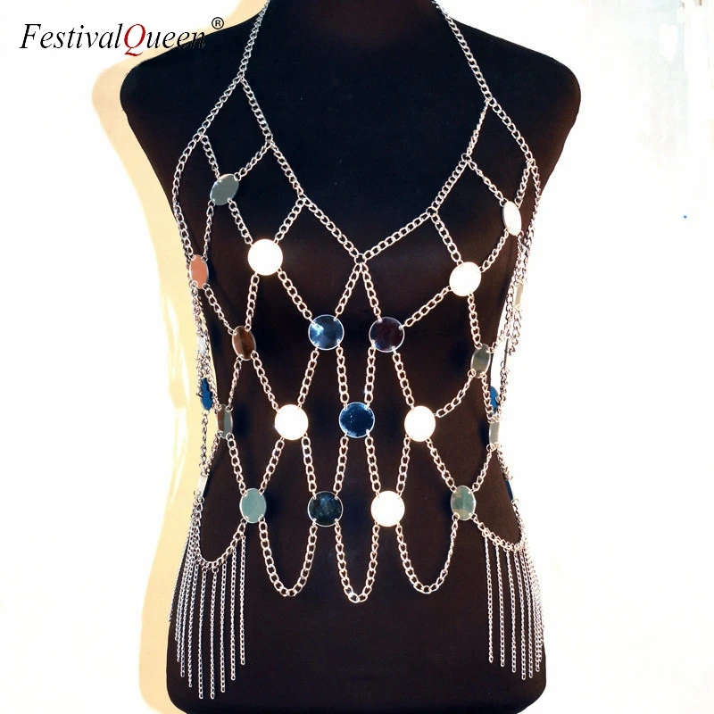 FestivalQueen crazy acrylic sequin сверкающая блестка топики женские металлические цепи Холтер спинки вечерние Клубные кроп Топы золото серебро