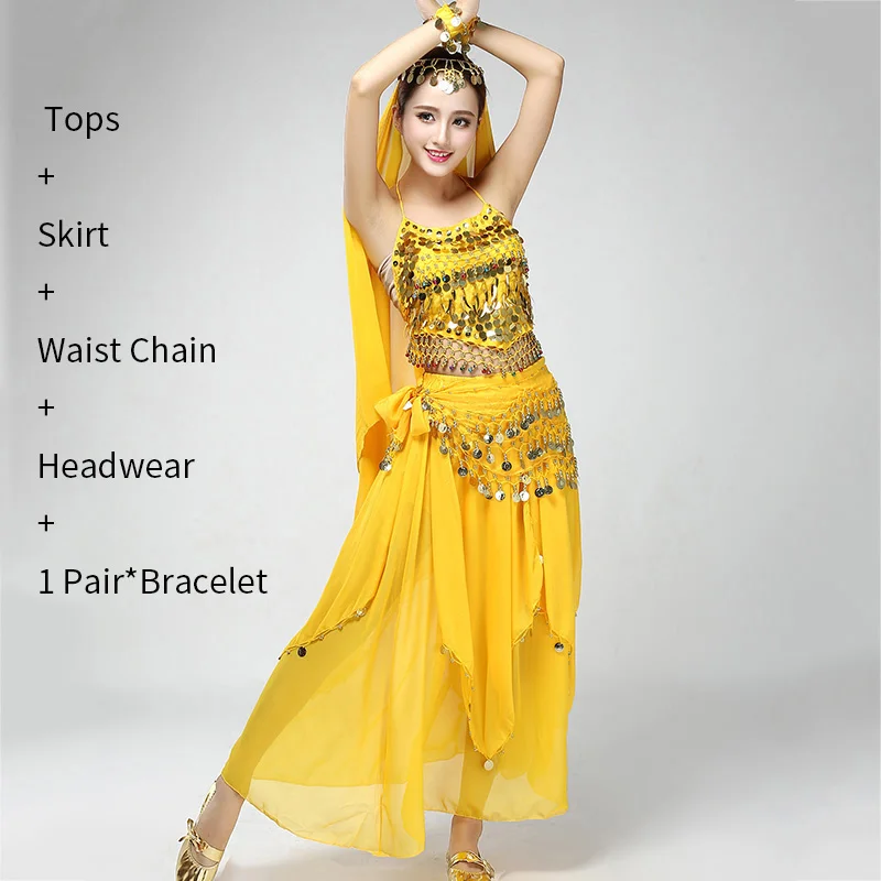 Yellow 5pc Костюм для танца живота женский Восточный танец леди болливудские Танцы платье индийский танец блестки юбка для танца живота костюм для женщин - Цвет: Yellow 5pc