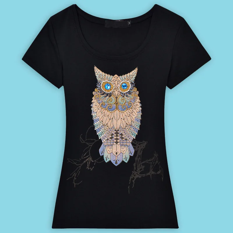T shirt women black BabYoung Брендовая женская одежда, модная футболка с коротким рукавом, женская футболка ручной работы с совой, Poleras De Mujer, топы размера плюс - Цвет: T shirt women black