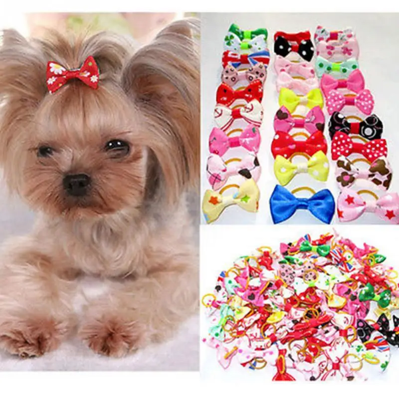 10PCS Bowknot Cute Dog Rubber Band Handmade Pet Grooming Accessories Mixed Ribbon Hair Bow Color random | Дом и сад
