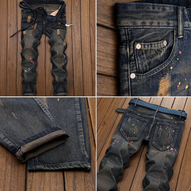 2018 Новая мода Для мужчин Эластичный Ripped Skinny Краски байкерские джинсы уничтожены