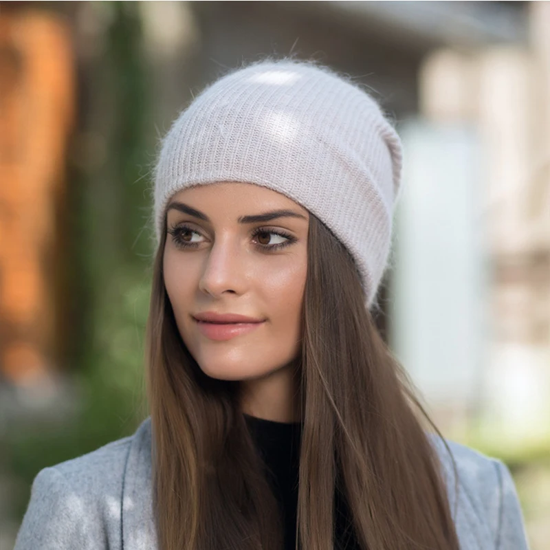 

2018 Real Rabbit Fur cony hair Beanie Hat Women Winter knitted Woolen Hat Cap Autumn Ladies