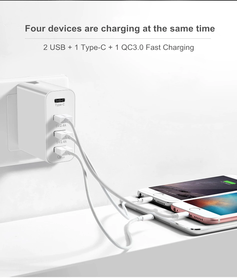 Amstar 36 Вт Quick Charge 3,0 USB Зарядное устройство Тип C благодаря зарядному устройству QC 3,0 4 Порты и разъёмы адаптер для iPhone samsung huawei Xiaomi дорожное настенное зарядное Зарядное устройство