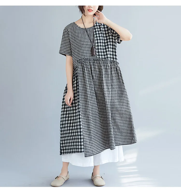 Женское клетчатое платье с коротким рукавом 2019 летнее хлопковое льняное