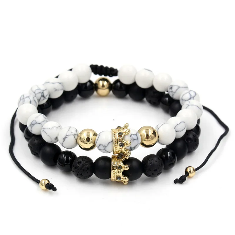 Мода 2 шт./лот Howlite каменная закрепка CZ императорская корона Шарм пара браслетов