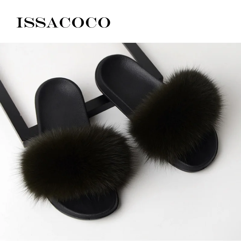 Black ISSACOCO/женские пушистые тапочки; женские милые плюшевые пушистые тапочки с лисьим мехом; женские меховые тапочки; зимние теплые тапочки для женщин - Color: Black