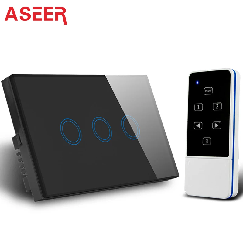 Black 3gang switch Умный дом 3 банды беспроводной светильник 600 Вт, RF 433 МГц пульт дистанционного управления, стандарт США/Австралии Черный Кристалл Стекло сенсорный настенный выключатель 220 В - Цвет: Black 3gang switch