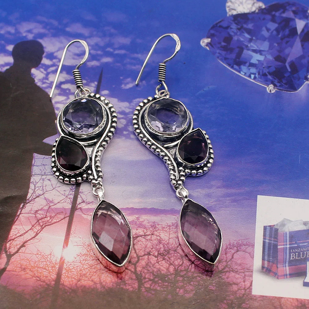 Gushing Vintage Purple Amethyst925 Sterling Silver Color Dangle Earring Women Jewelry Free Shipping 2 7/8 INCH TF489 | Украшения и