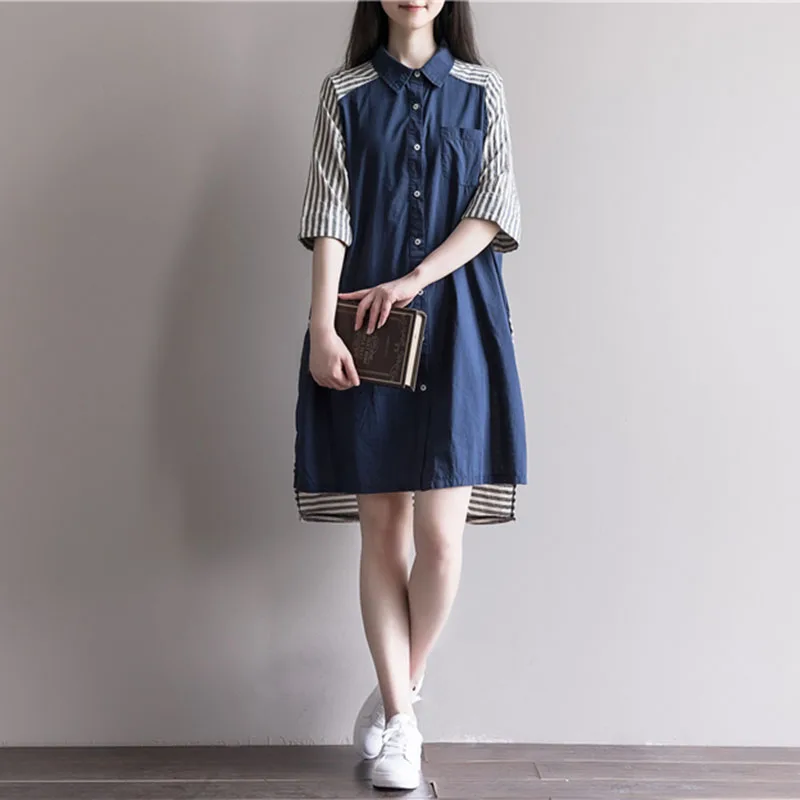 

Shirt dress women striped patchwork office summer dress plus size loose vintage elegant dresses casual party dress women clothes