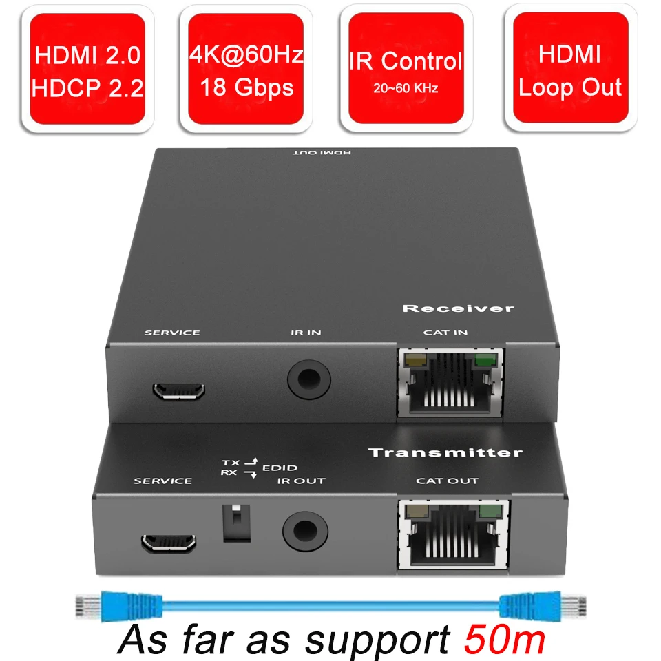 Удлинитель HDMI 4K 60 Гц 50 м HDCP 2 0 удлинитель по кабелям Cat6 Cat7 с ИК трансмиттером RJ45 TX/RX