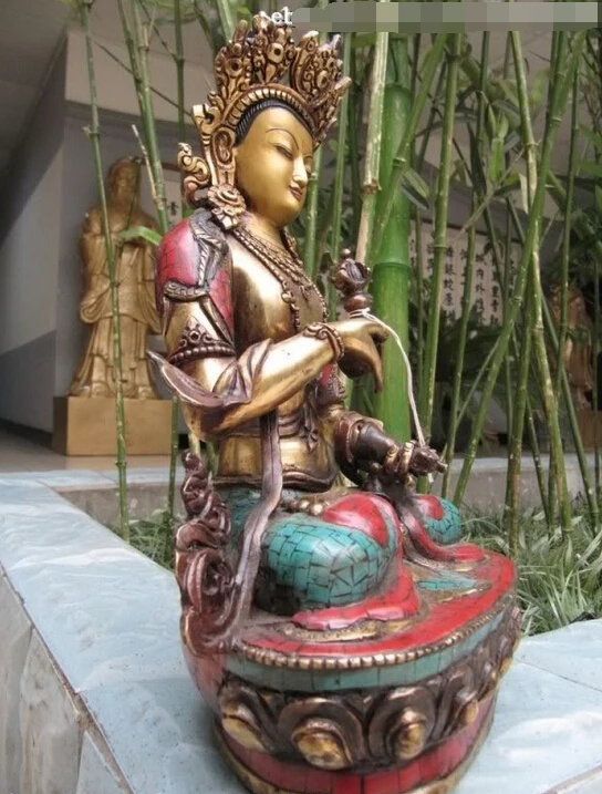Тибетская медная бронзовая инкрустация коралловый бирюзовый статуя Будды