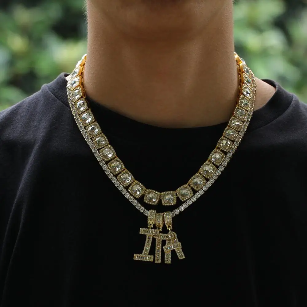 

Name Letters Chain Pendants Necklaces AAA CZ Stone Paved Men Hip Hop Bling Iced Out Rapper Jewelry with 24" Rope Chain