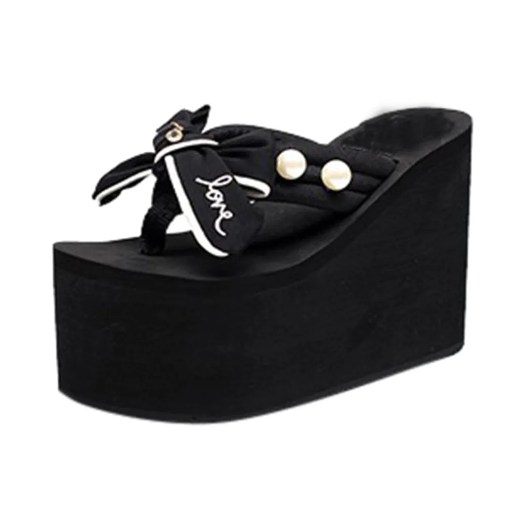Шлепанцы на танкетке с жемчужным бантом, chaussures femme ete, пляжная обувь, женские повседневные тапки, женская обувь, zapatos mujer