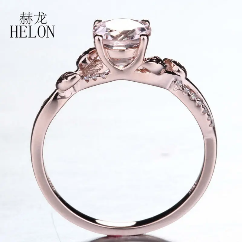 HELON 0.8ct морганит 6 мм Круглый Проложить 0.09ct натуральные бриллианты Перидот Gemtones обручальное женское кольцо Настоящее 10 к розовое золото