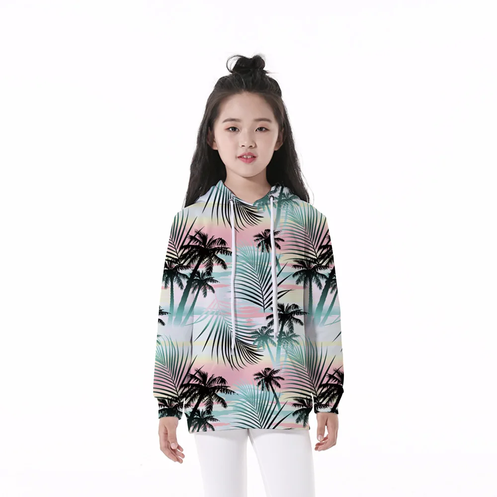 

Girls 4-12 Y Spring Autumn Hooded Long Sleeve 3D Digital Print Cool Coconut Palms Pattern Hoodies Casual Loose Fit Girls Hoodies