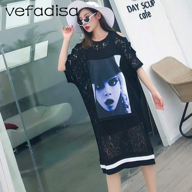 Vefadisa Appliques Dress for Women 2018 See-Through Clothing Off Shoulder Black Lace Short Sleeve Plus Size AD1638 |