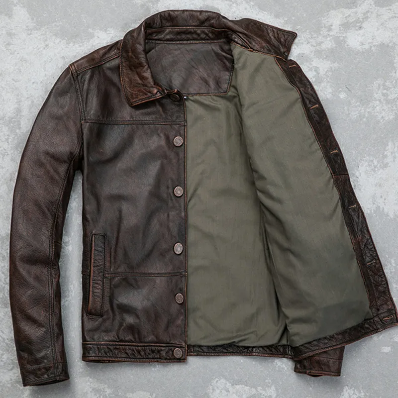 Мужская винтажная кожаная куртка Коричневая байкерская из натуральной воловьей
