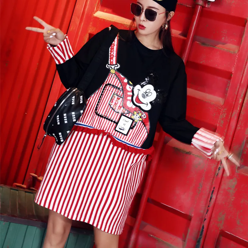 Autumn New Design Cartoon Sequins Long Sleeve Tees High Street Faux 2pcs Stripe Pullovers Big Size Casual Above Knee Dress | Женская
