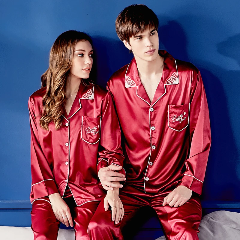 

Xifenni Silk Pajama Sets Female High Quality Faux SILK Couple Sleepwear Man Woman Red Long-Sleeve Nightwear 2-Pieces X9934