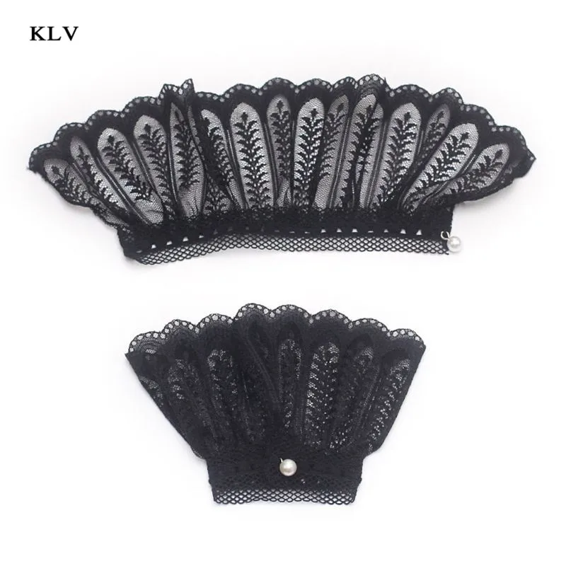 Black lace Женские Девушки поддельные расклешенные рукава цветочные кружева плиссированные с рюшами Ложные манжеты свитер блузка одежда Наручные Теплые с искусственным жемчугом пуговицы - Цвет: Black lace