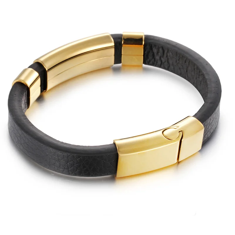 TrustyLan Genuine Black Leather Simple Wrap Men Bracelet Gold Color Steel Wristband Classic Mens Bracelets& Bangles Jewelry