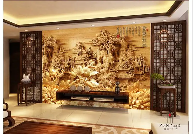 3D-обои под заказ Настенные рисунки с декором телевизор резьба по дереву