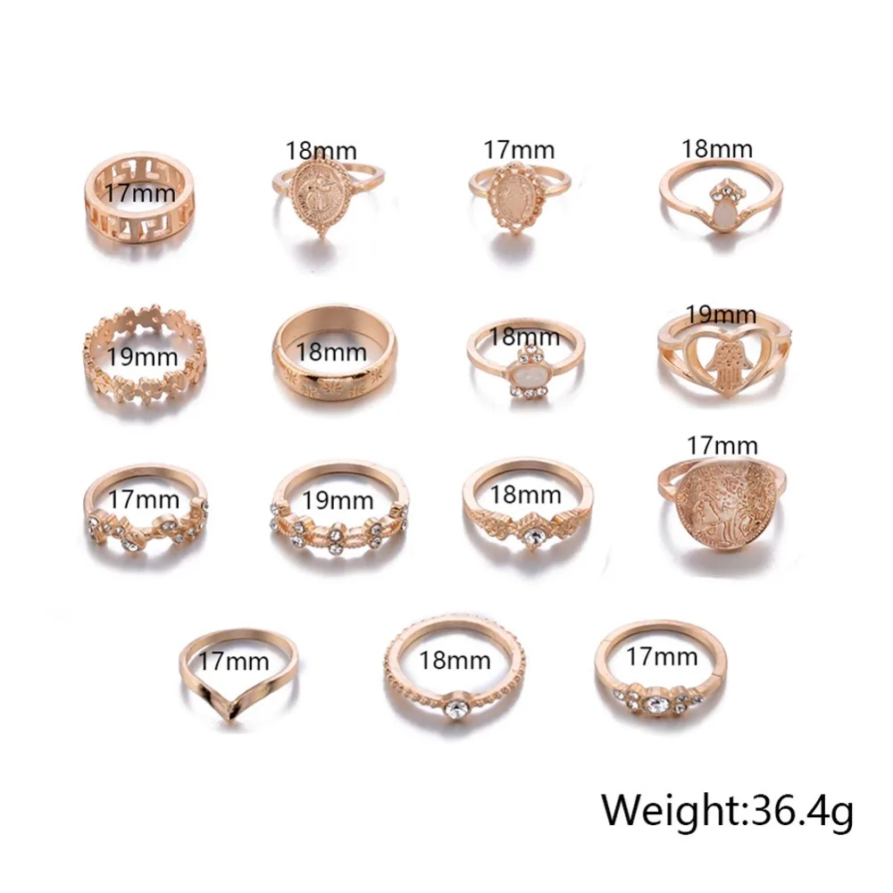 15Pcs/set Women Fashion Rings Hearts Fatima Hands Mary Cross Leaf Hollow Geometric Crystal Ring Set Wedding Jewelry | Украшения и