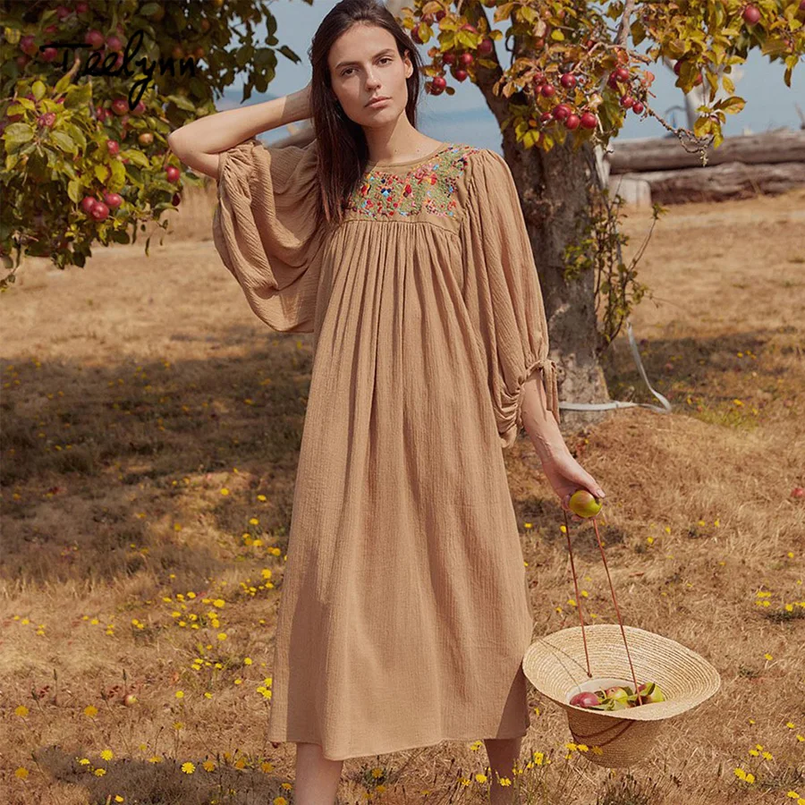 TEELYNN long dress for women cotton floral embroidery o-neck puff sleeve dresses a-line loose Casual boho Vestido | Женская одежда