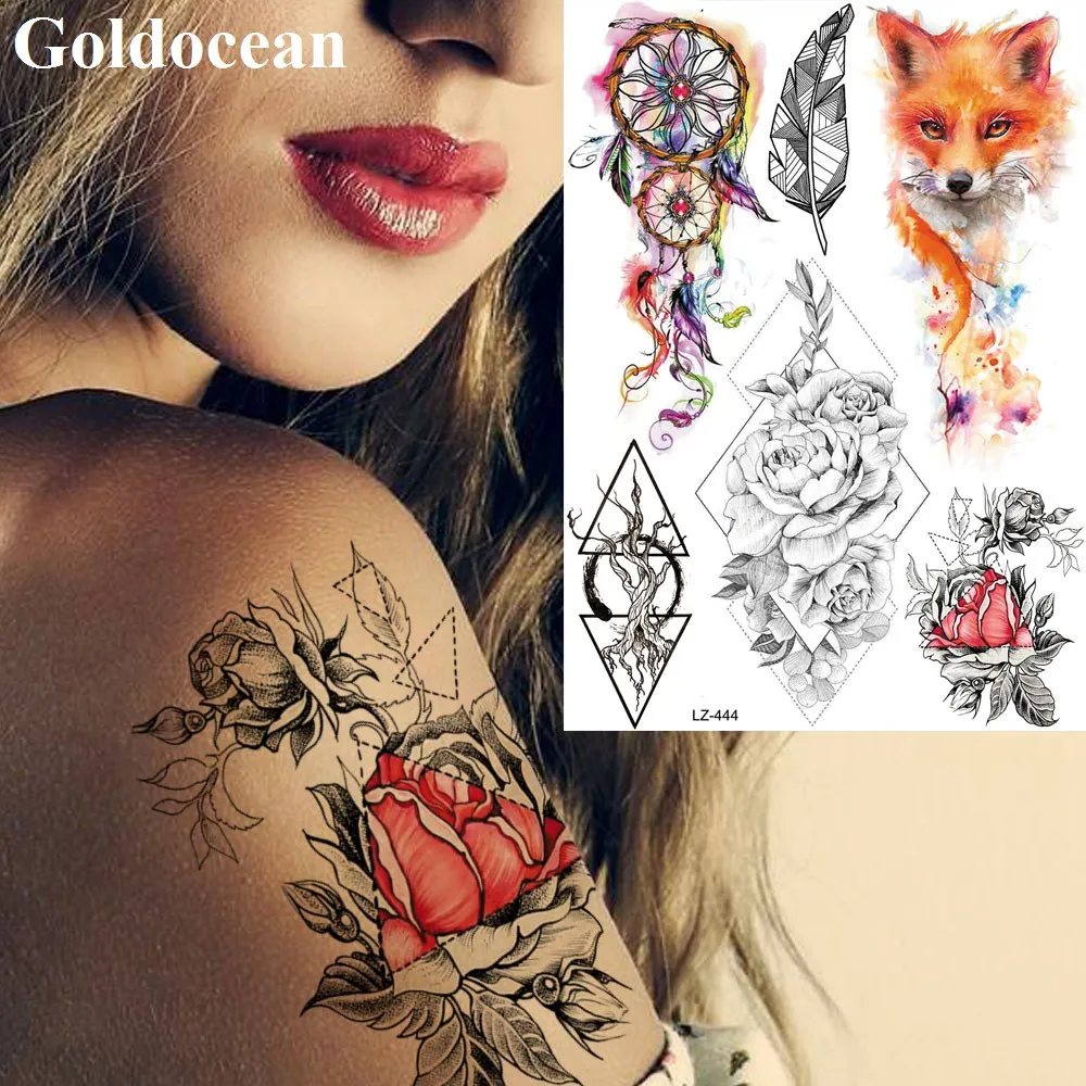

GoldOcean Red Wrist Triangle Flower Waterproof Temporary Tattoo Flash Dream Catcher Black Tatoos Fox Body Arm Fake Tato Stickers