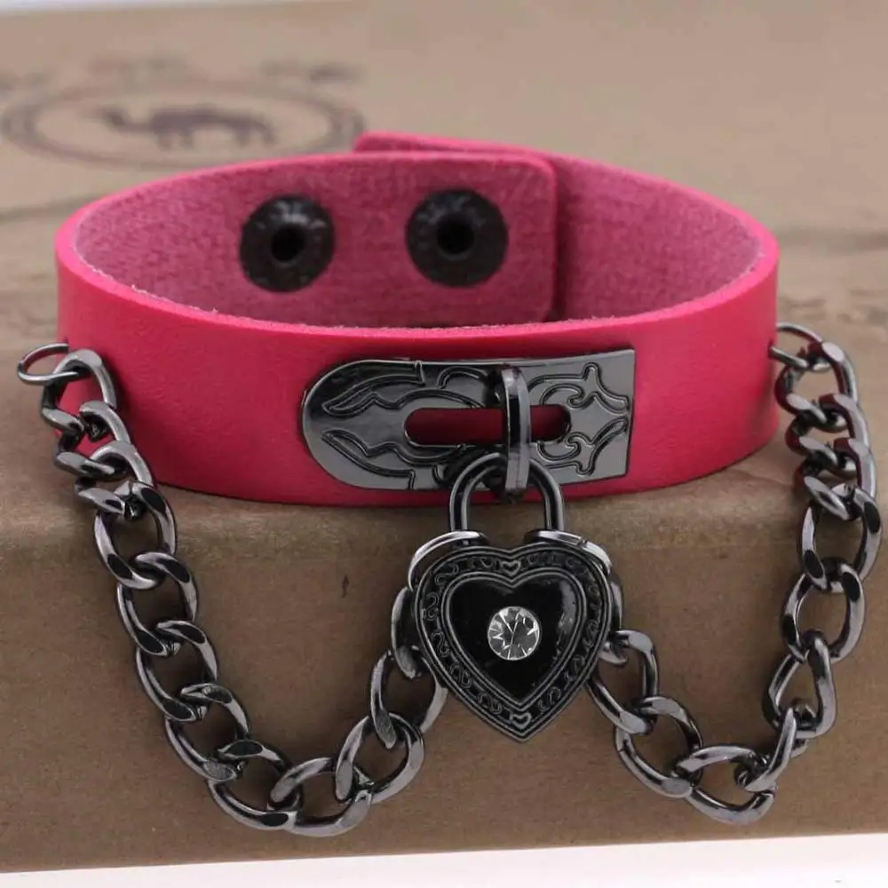 Rose Панк готика Стразы Сердце шипы цепи кожаные манжетные браслеты Pulseira Masculina ювелирные изделия Шарм Bileklik Pulseiras - Окраска металла: Rose