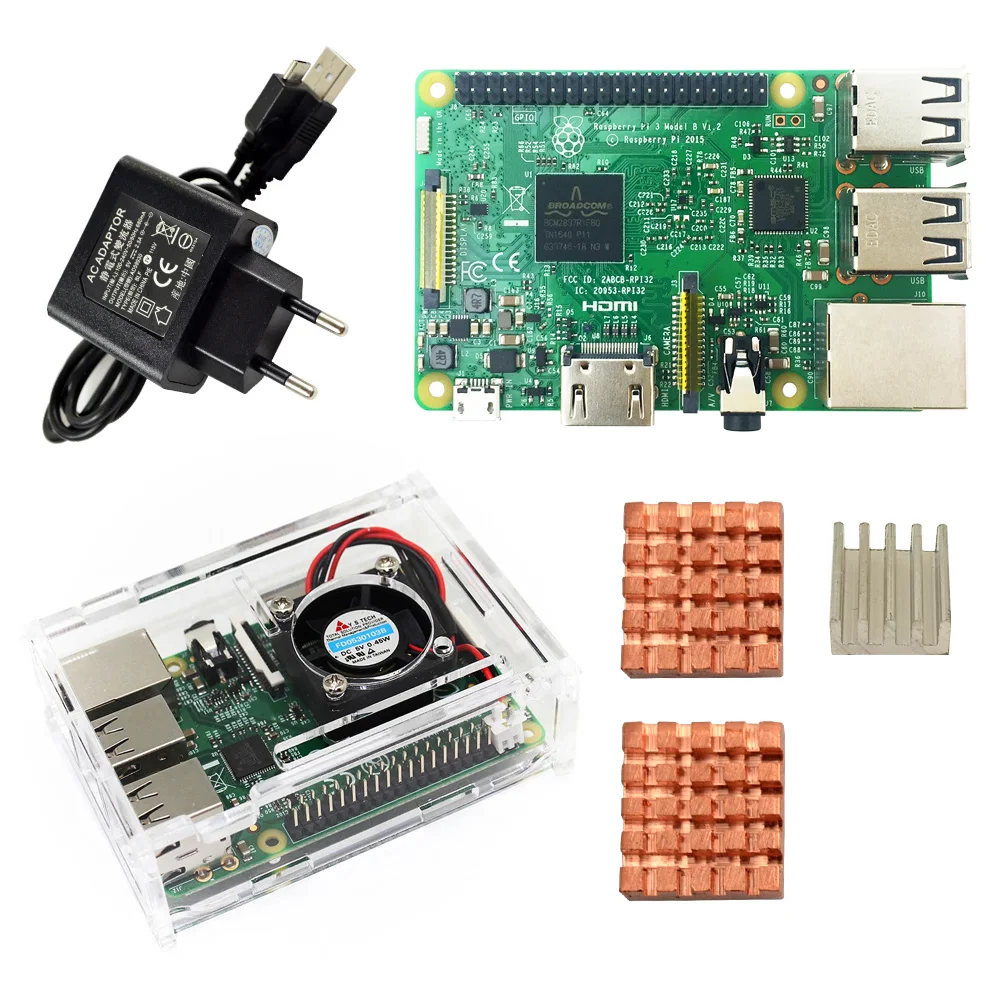 D Raspberry Pi 3 Модель B стартовый комплект-pi 3 плата/pi 3 корпус/ЕС разъем питания/с логотипом радиаторы pi3 b/pi 3b с wifi и bluetooth