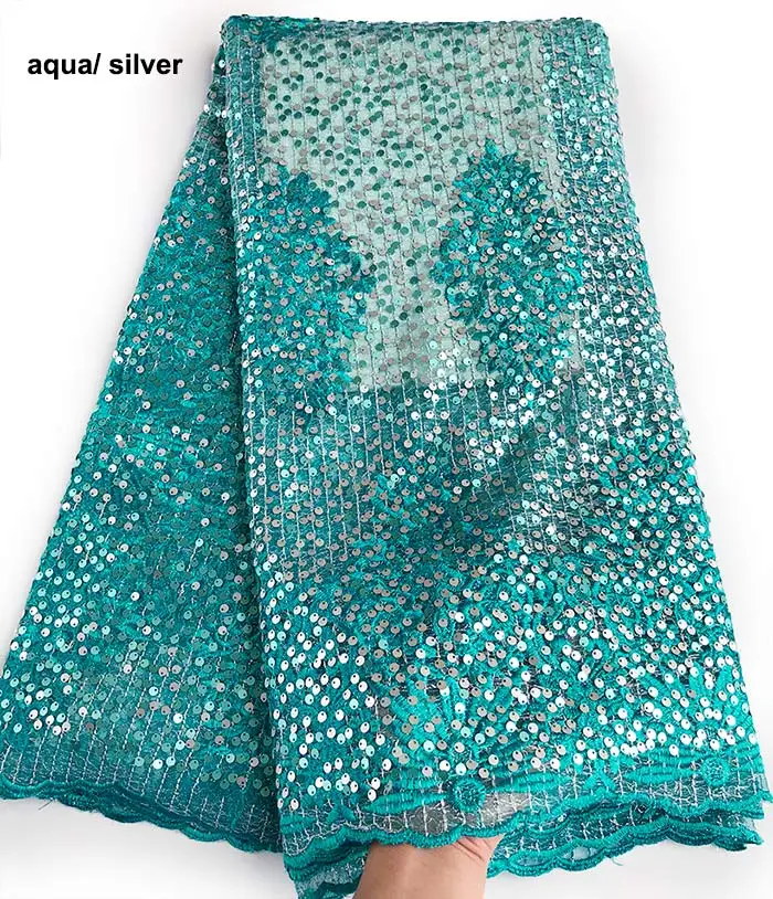 Aqua Silver Красные серебряные ослепительные богатые кружева супер блестящие африканские французские кружева нигерийские одежды ткани с полностью в блестках 5 ярдов мягкие - Цвет: Aqua Silver