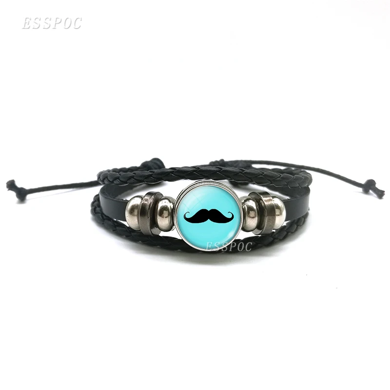 

Blue Mustache Fashion Hipster Black Multi-layered Bracelets , DIY Glass Cabochon Woven Leather Bracelets Birthday Gift