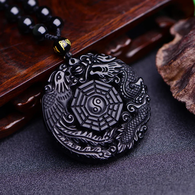 

Natural Black Obsidian Hand Carved Chinese Dragon Phoenix BaGua Lucky Amulet Pendant Free Necklace Fahion Fine stone Jewelry