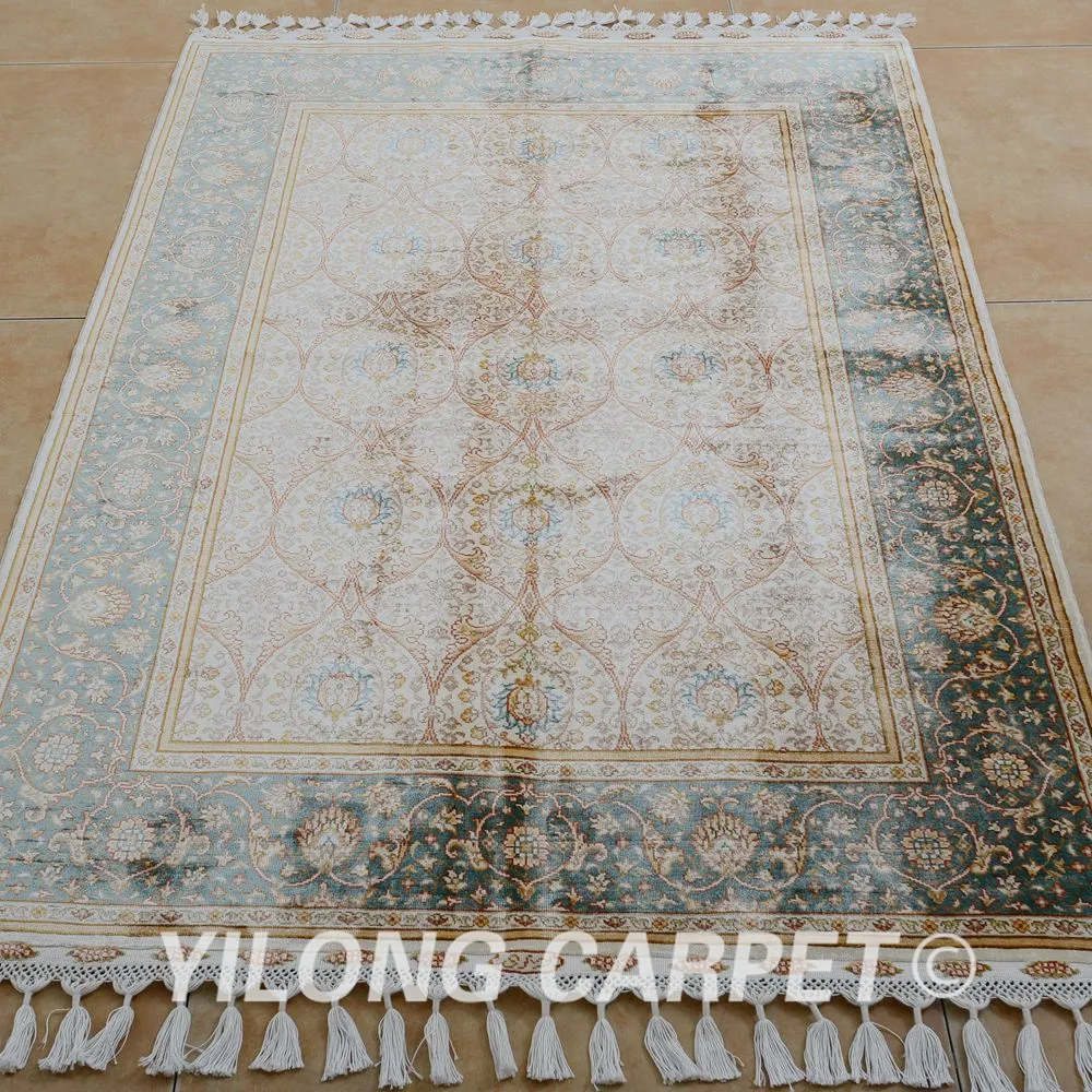 Yilong 3 5 'x 5' Восточная шелковая ковровая дорожка бежевая Изысканная маленькая