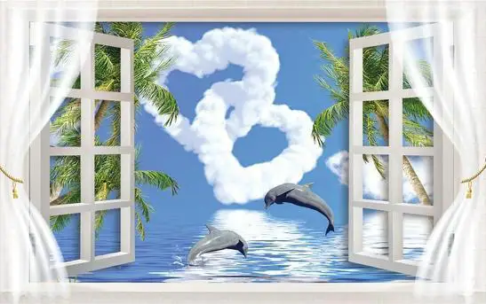 New large wallpaper Custom Love out the window Dolphin Bay mural wall paper papel de parede stickers 9031 pa | Обустройство дома