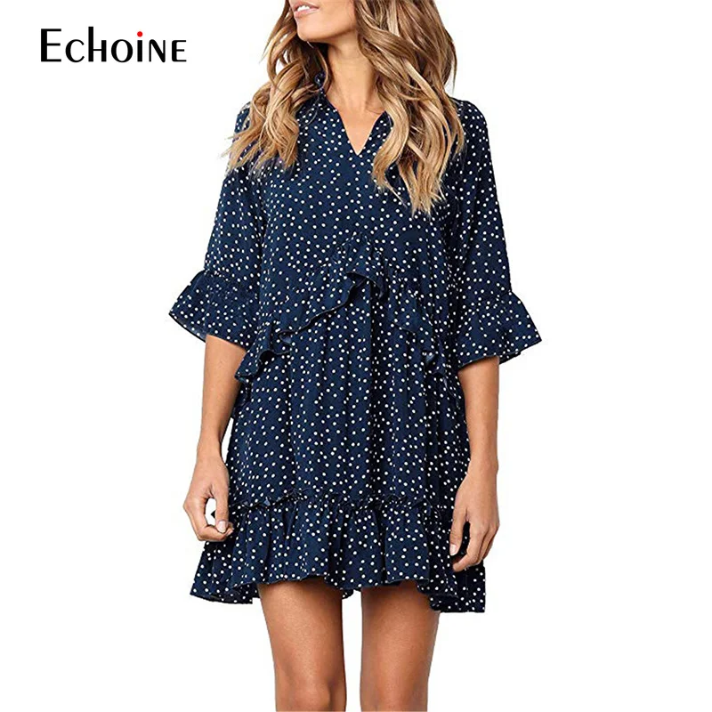 2019 летнее женское платье с оборками свободное винтажное в горошек расклешенными