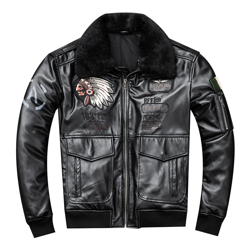 Бесплатная доставка 2019 мужской черный пилотный кожаный жакет шерстяной воротник