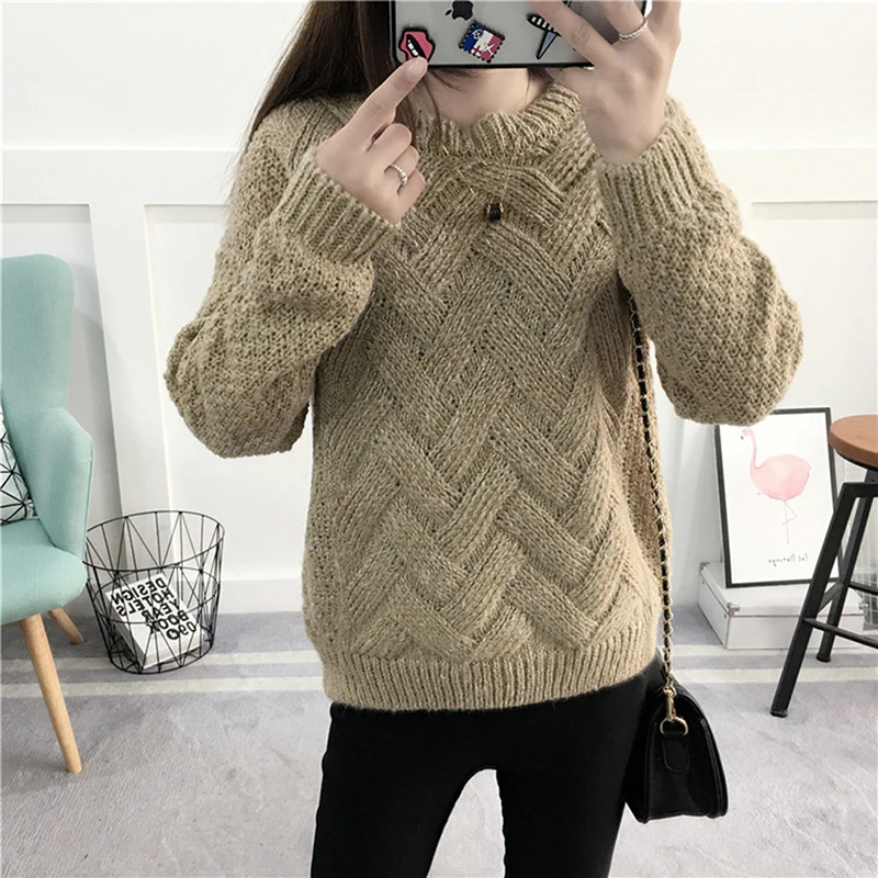 Autumn Winter Korean Version Women Sweater Full Warm Knit PulloverThick Rods Plaid Criss-Cross Knitting Sweaters New | Женская одежда
