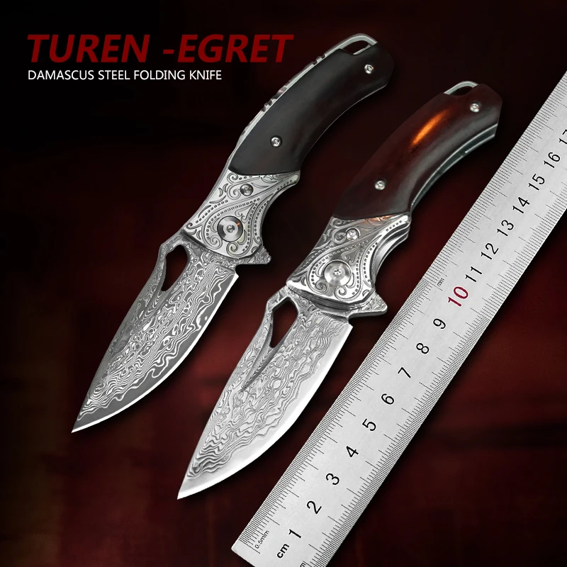 Складной нож TURENZ 2.8in Дамасская сталь деревянная ручка EDC охотничий инструмент компактные легкие тактические карманные ножи с футляром