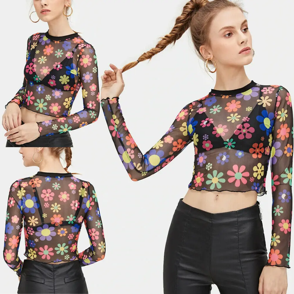 Модные женские прозрачные сетчатые топы футболка с длинным рукавом короткая