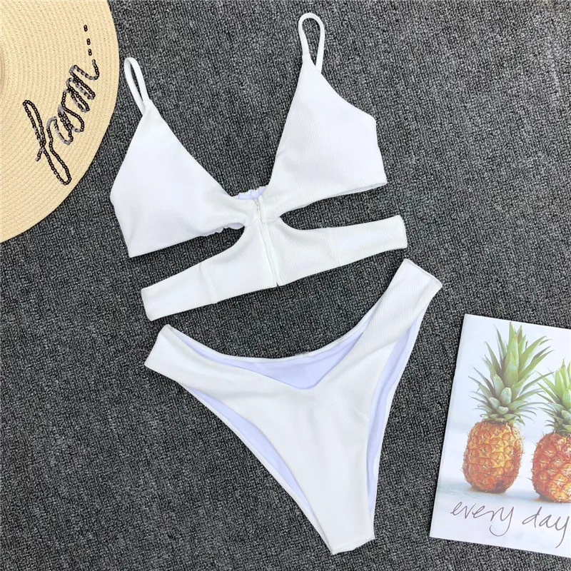 

White Zip Bikini Set Shoulder Strap Push Up Swimwear Women Padded Swimsuit New Bathing Suit maillot de bain 2021