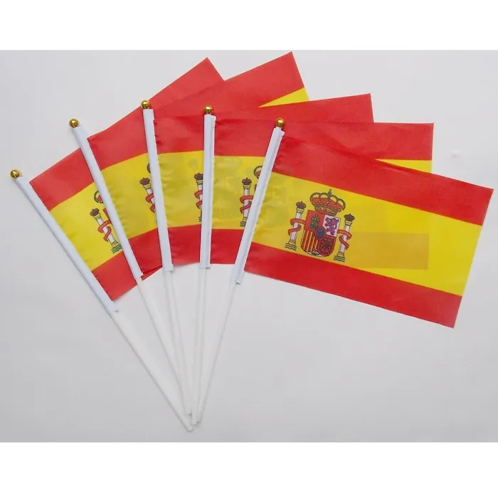

Spain National Flag with Plastic Flagpole hand waving flags Espana Polyester Flags 14 * 21 CM 50pcs