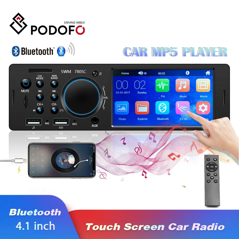 Podofo Bluetooth Авторадио автомобильный стерео радио сенсорный экран FM Aux вход SD USB AUX 12V