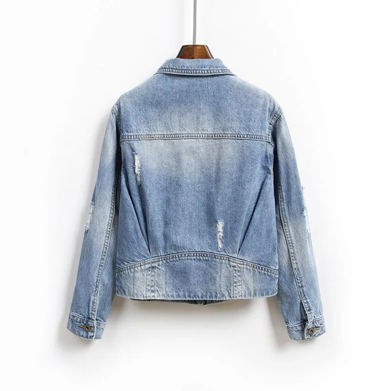 

New Design Fashion Women Slim Fit Short Jeans Jackets Korea Hole Ripped Long Sleeve Single Breasted Lapel Outerwear Denim Coat