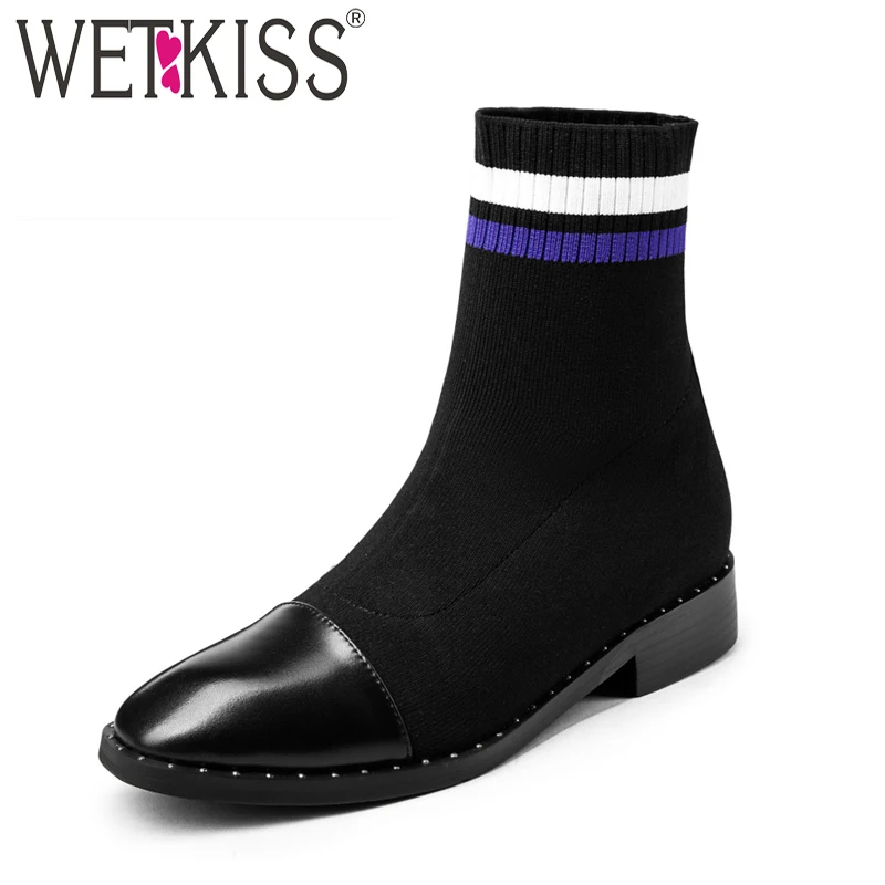 WETKISS/зимние женские ботинки на низком каблуке с заклепками вязаная обувь